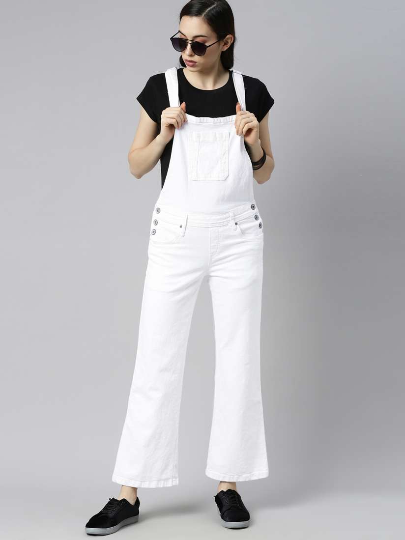 Buy Roadster Women White Solid Boot Cut Dungarees Dungarees for Women 12629790 Myntra