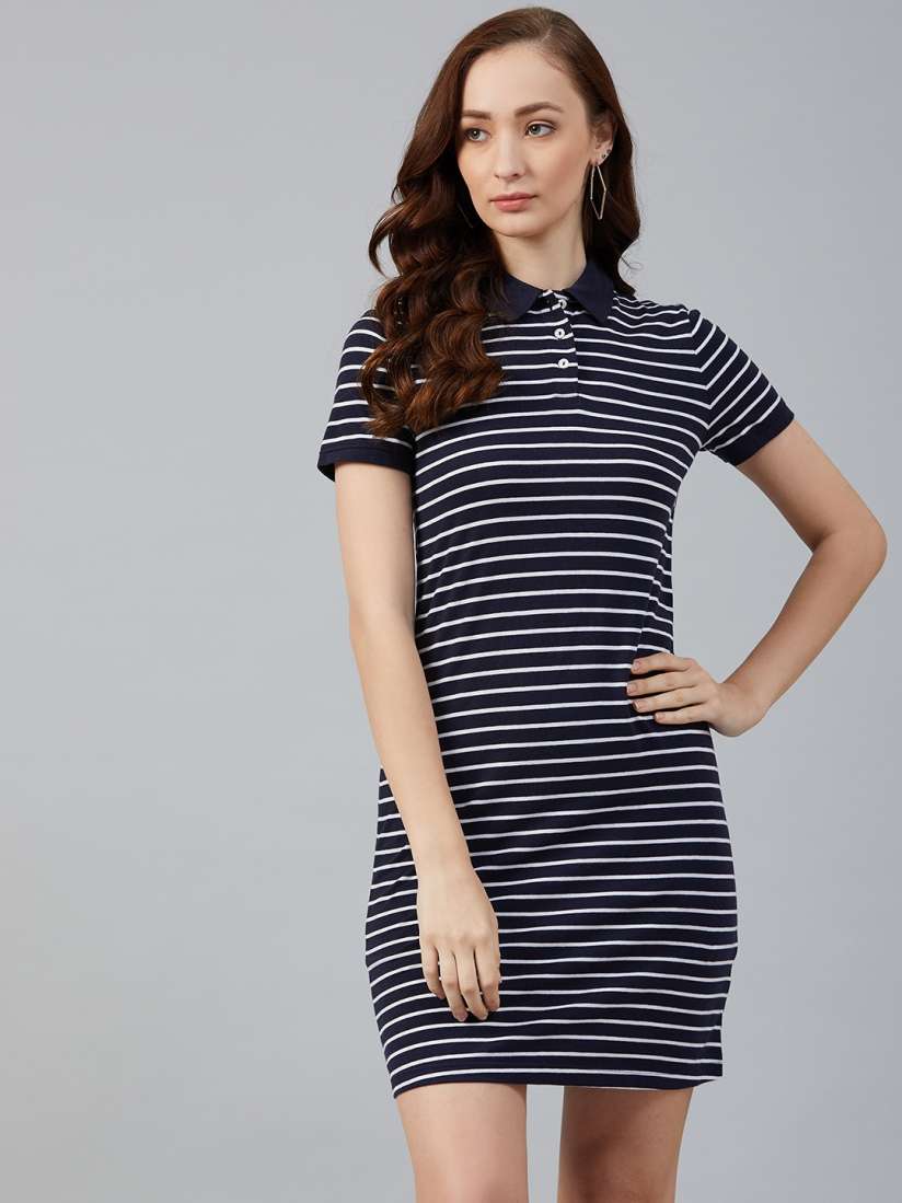 Buy Marks Spencer Women Navy Blue White Striped Polo Collar T shirt Dress Dresses for Women 12633750 Myntra