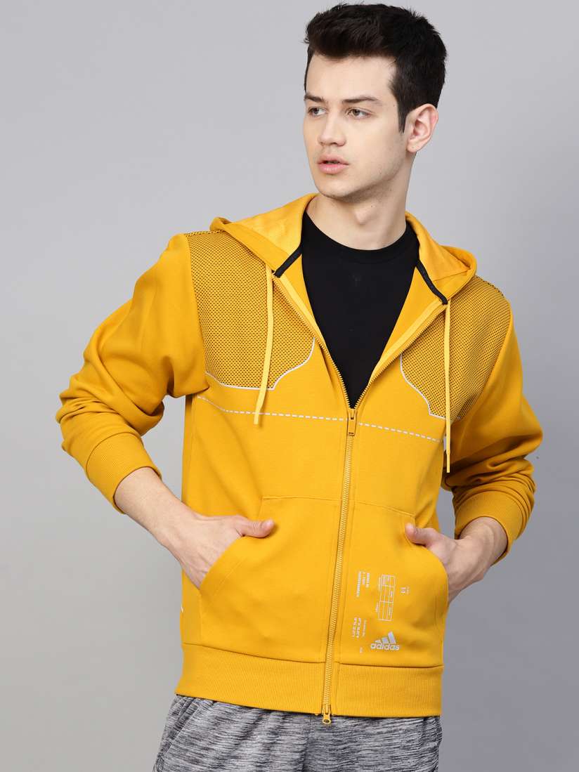 Buy ADIDAS Men Mustard Yellow Self Design Hooded FTW Print FZ Bomber Jacket Jackets for Men 12635632 Myntra