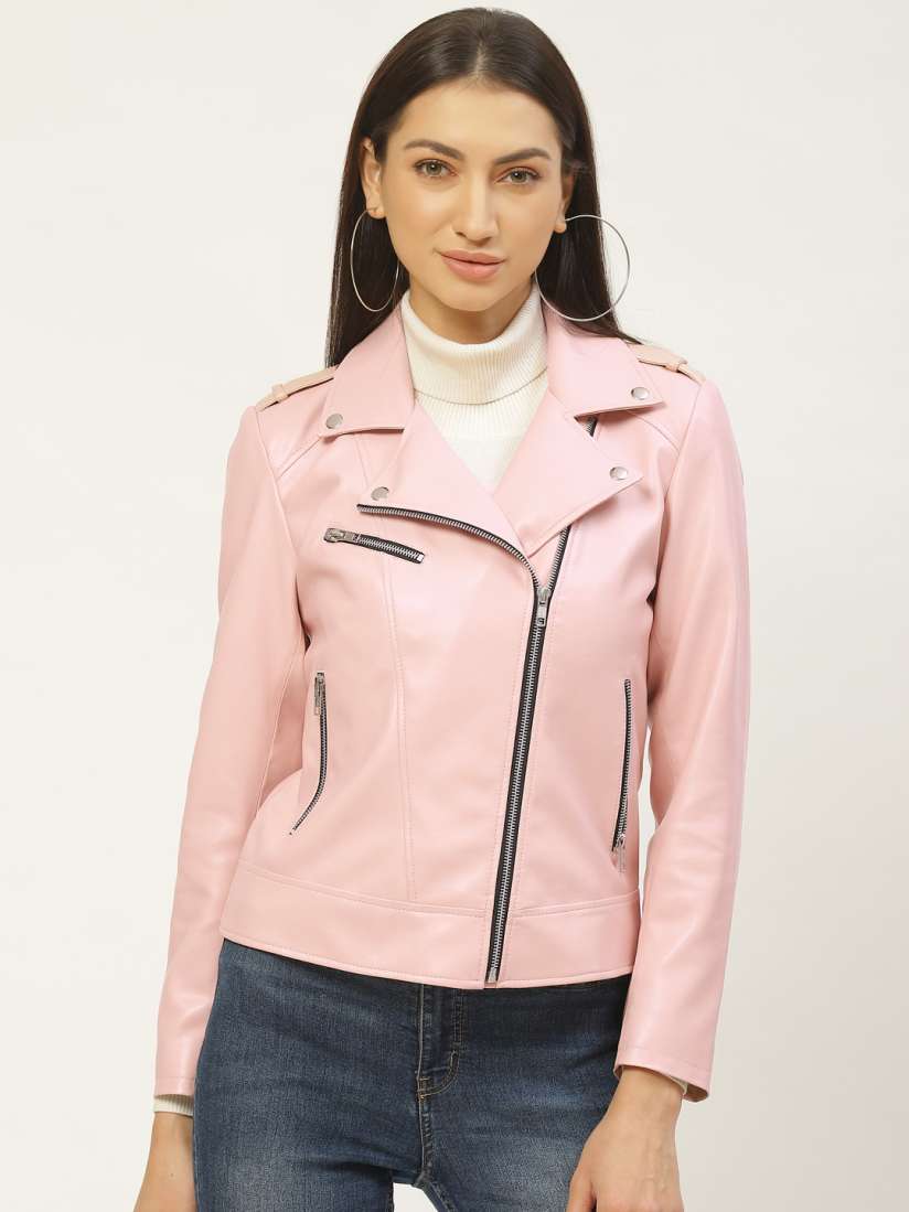 Buy Leather Retail Women Pink Solid Lightweight Biker Jacket Jackets for Women 12635714 Myntra