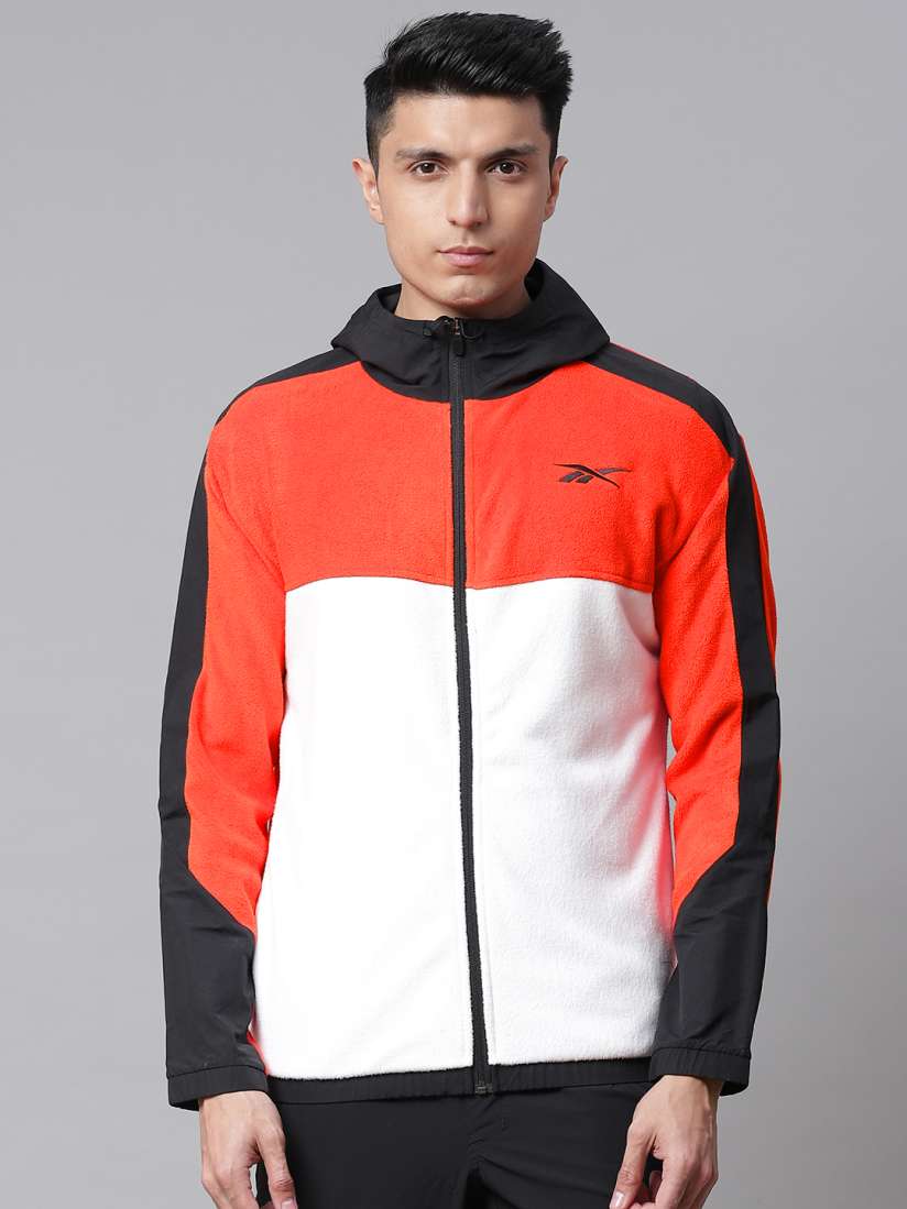Buy Reebok Men Red White Workout Ready Fleece Full Zip Colourblocked Hooded Jacket Jackets for Men 12652282 Myntra