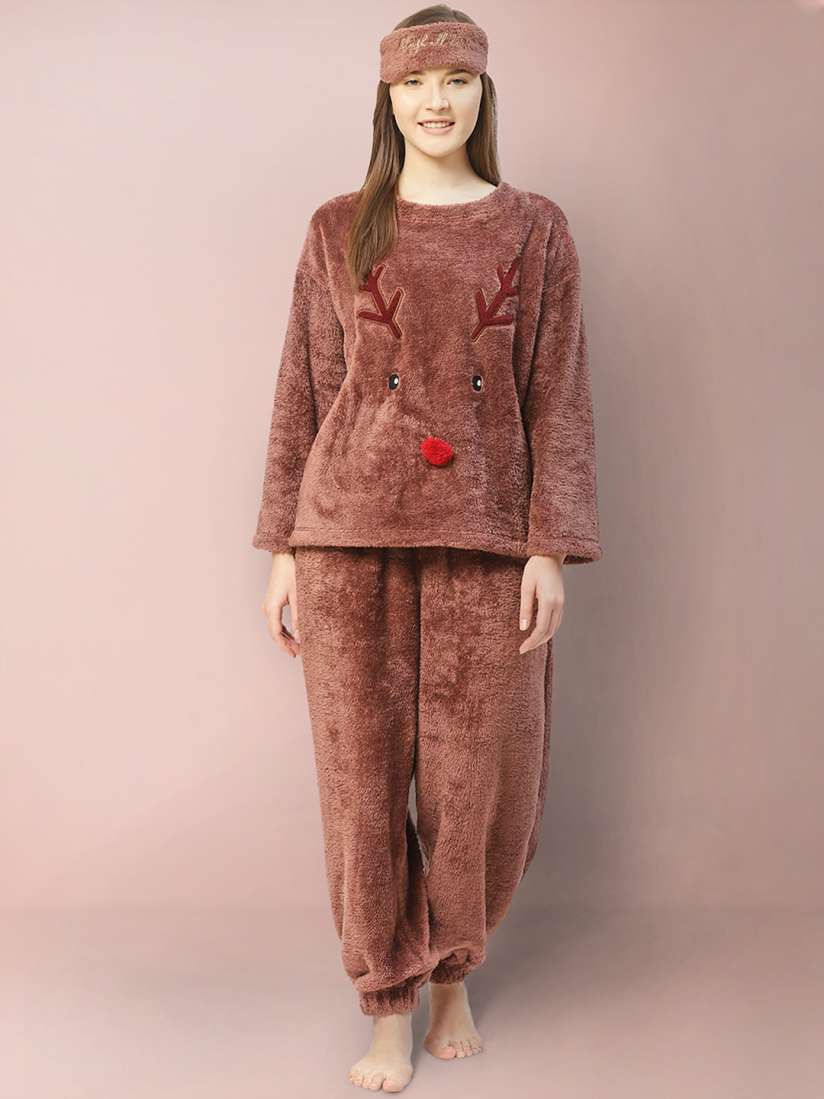 Buy LILL Women Brown Reindeer Pattern Faux Fur Winter Night Suit with Eye Mask Night suits for Women 12654424 Myntra