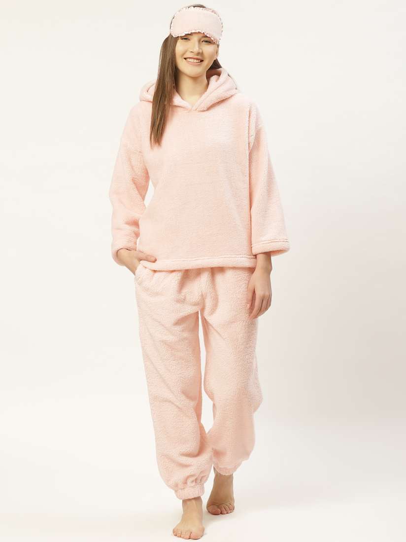 Buy LILL Women Peach Coloured Solid Fleece Hooded Winter Night Suit with Eye Mask Night suits for Women 12654426 Myntra