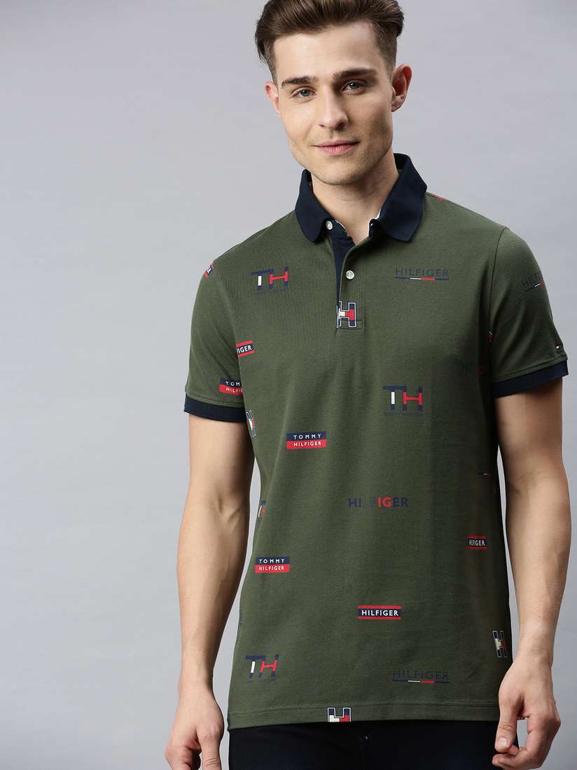 Buy Tommy Hilfiger Men Olive Green Printed Polo Collar Pure Cotton