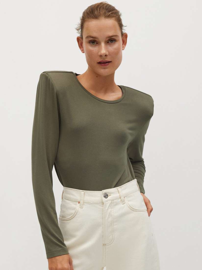Buy MANGO Women Olive Green EcoVero Solid Padded Shoulder Round Neck T shirt Tshirts for Women 12676976 Myntra