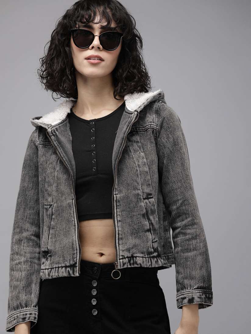 Buy Roadster Women Black Solid Hooded Pure Cotton Denim Jacket Jackets for Women 12687946 Myntra