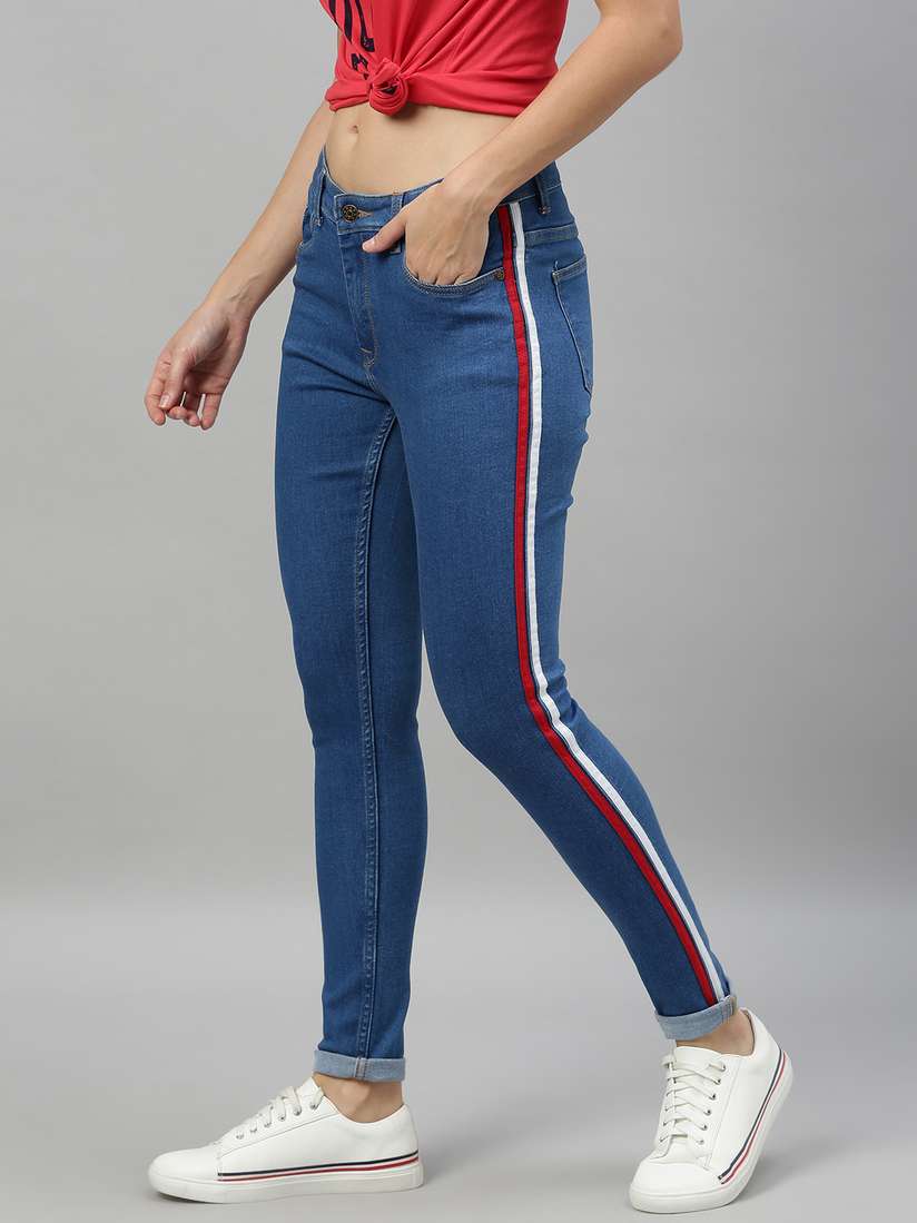 HOT Womens Jeans Blue Jean With Red Stripe Skinny Jeans Blue