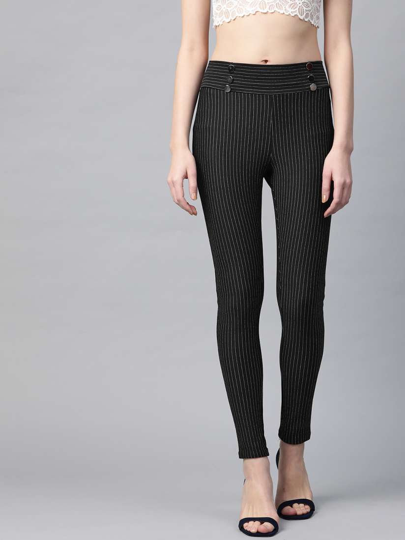 Buy SASSAFRAS Women Black White Slim Fit High Rise Striped Treggings Jeggings for Women 12737802 Myntra