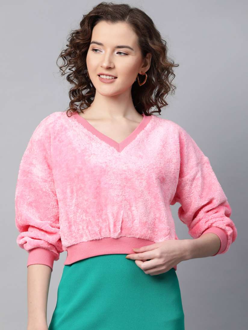 Buy SASSAFRAS Women Pink Faux Fur Crop Sweatshirt Sweatshirts for Women 12737872 Myntra