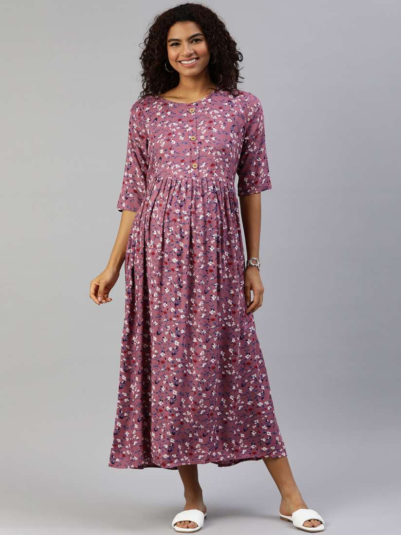 Buy MomToBe Mauve Floral Printed Maternity Nursing Maxi Sustainable Dress Dresses for Women 12739536 Myntra