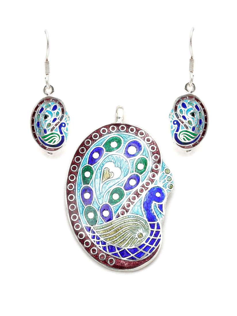 Buy SANGEETA BOOCHRA Multicoloured Silver Peacock Shaped Earrings Pendant Set Jewellery Set for Women 1276029 Myntra