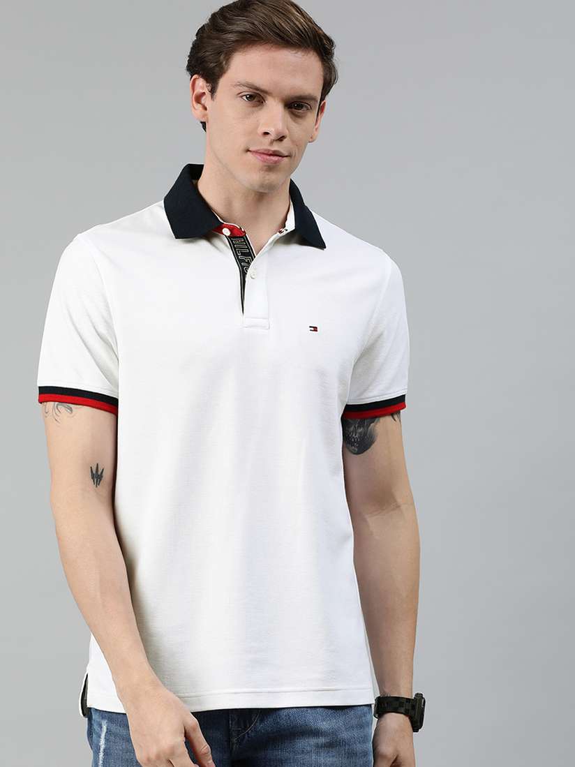 Buy Tommy Hilfiger Men White Solid Polo Collar T-shirt Tshirts