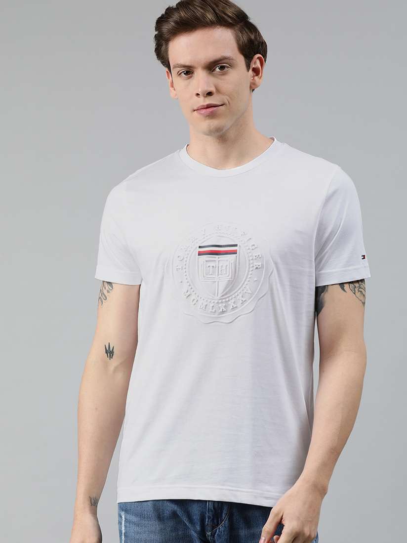 Tommy Hilfiger Men White Embossed Round Neck Pure Cotton T-shirt