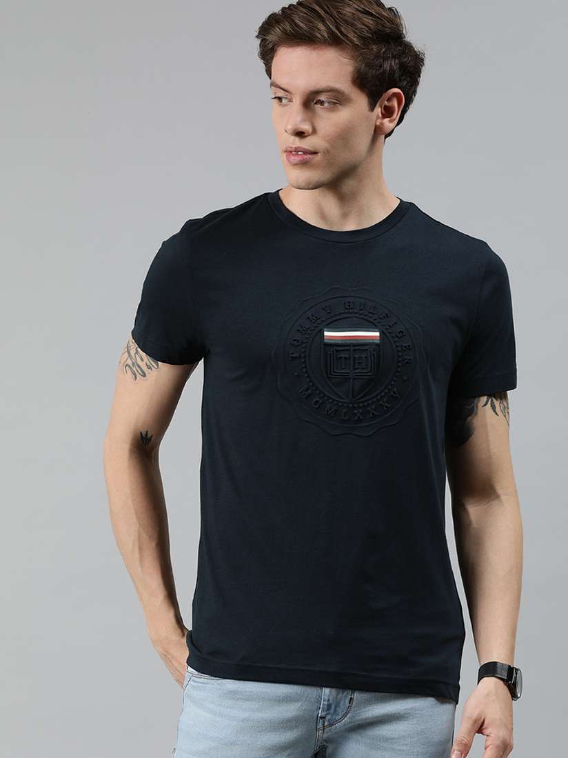 Buy Tommy Hilfiger Men Navy Blue Tonal Crest Embossed Round Neck T
