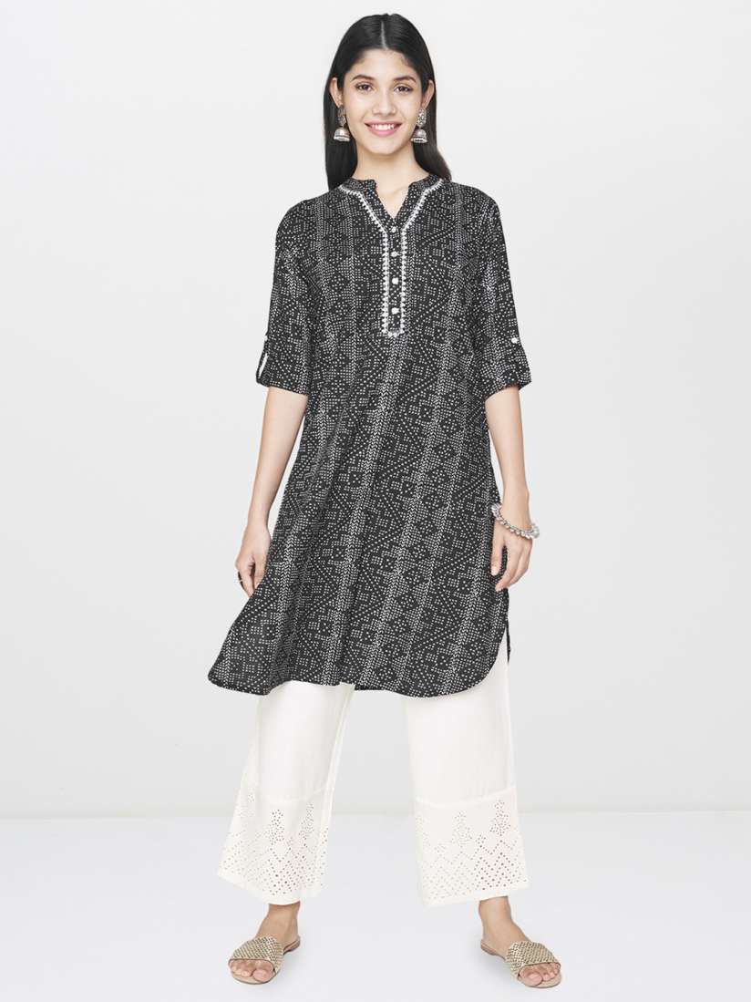 Buy Global Desi Women Black Silver Toned Printed Straight Kurti with Lace Inserts Kurtis for Women 12781924 Myntra