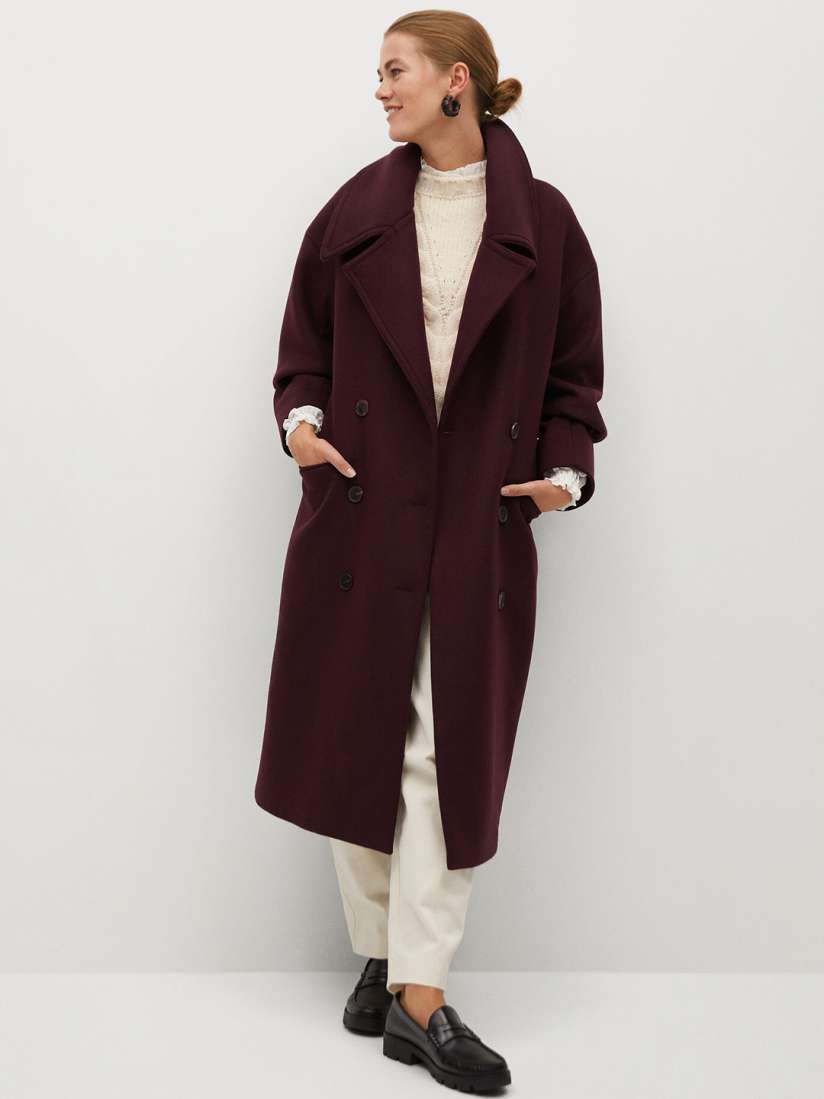 Buy MANGO Women Burgundy Solid Double Breasted Longline Coat Comes with a Belt Coats for Women 12792014 Myntra