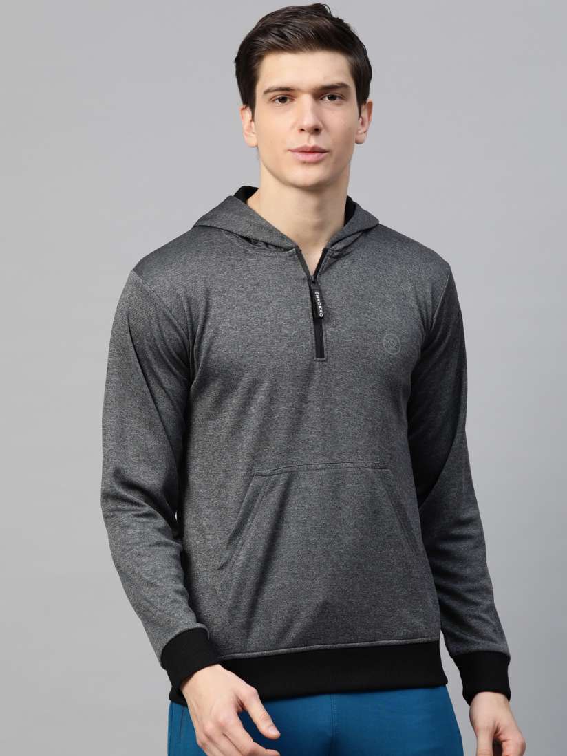 Buy CHKOKKO Men Charcoal Grey Black Solid Hooded Running Sweatshirt Sweatshirts for Men 12795660 Myntra