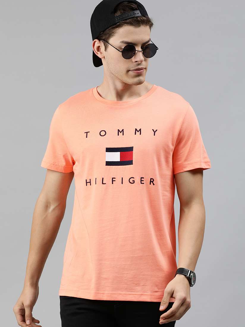 Buy Tommy Hilfiger Men Coral Orange Printed Round Neck Pure Cotton