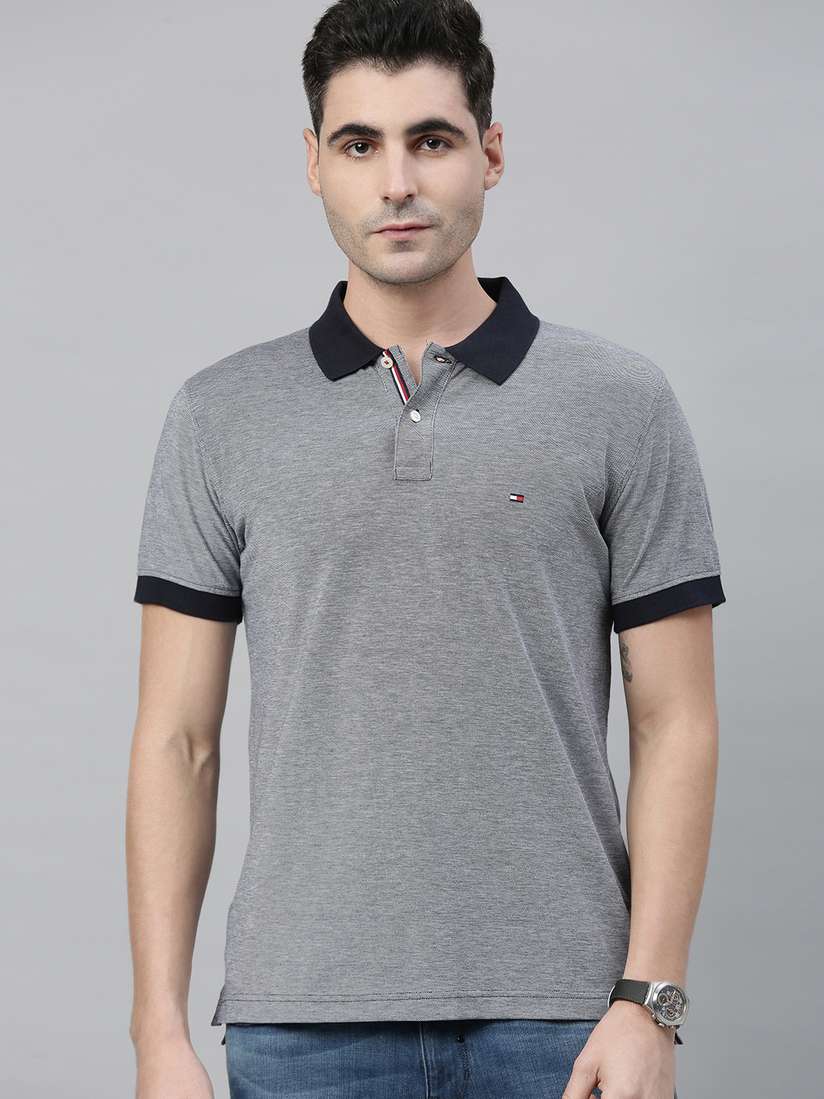 Buy Tommy Hilfiger Men Grey Solid Polo Collar Pure Cotton T-shirt