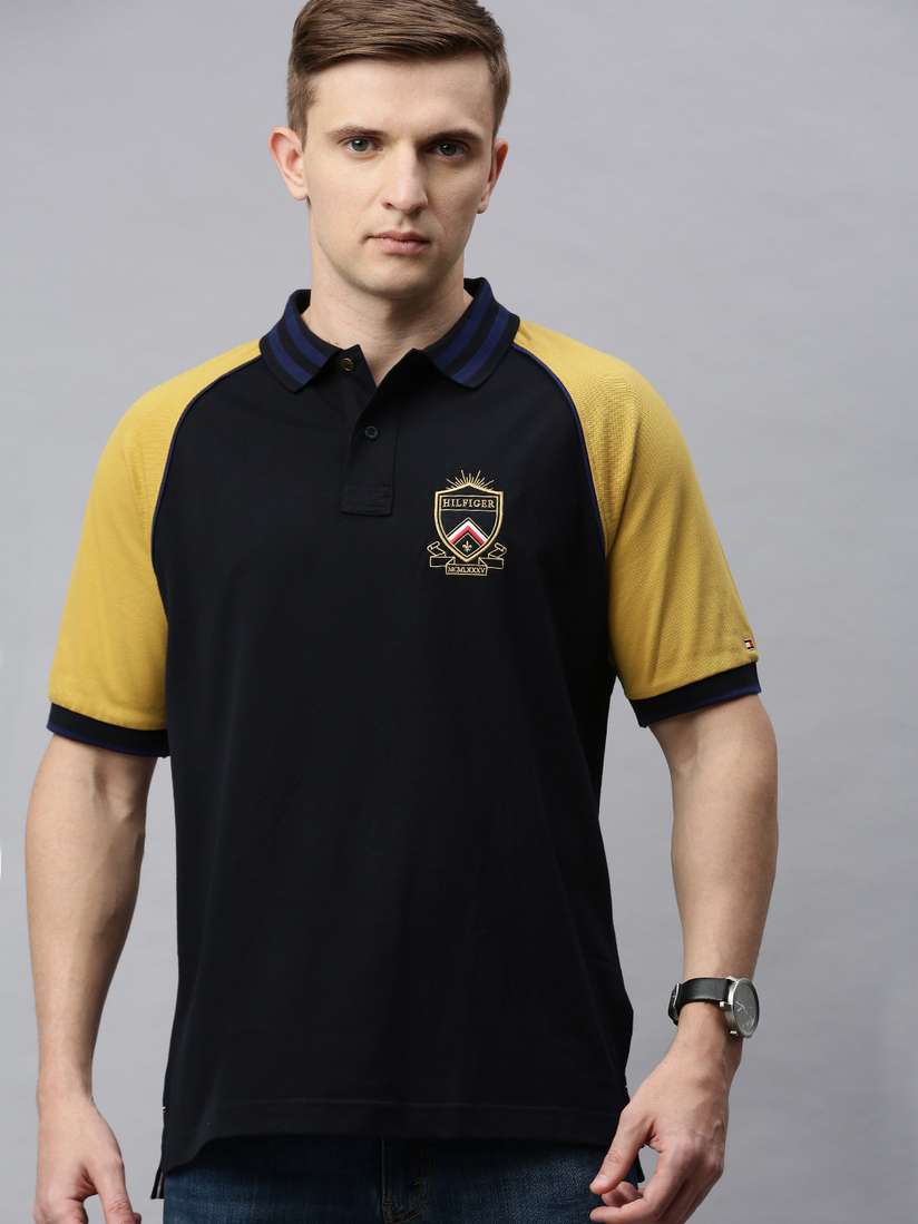 Buy Tommy Hilfiger Men Navy Blue Solid Polo Collar Pure Cotton T