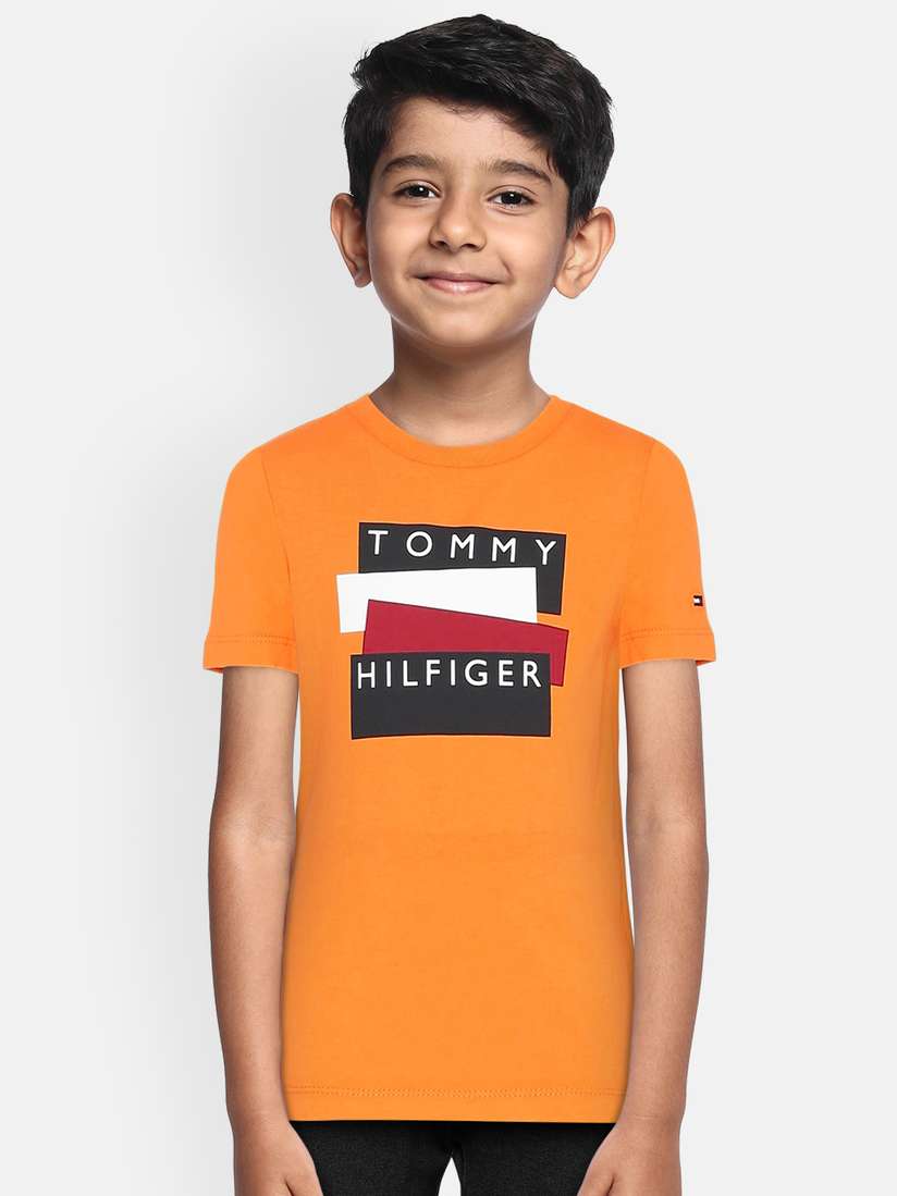 Buy Tommy Hilfiger Boys Orange Printed Round Neck T-shirt