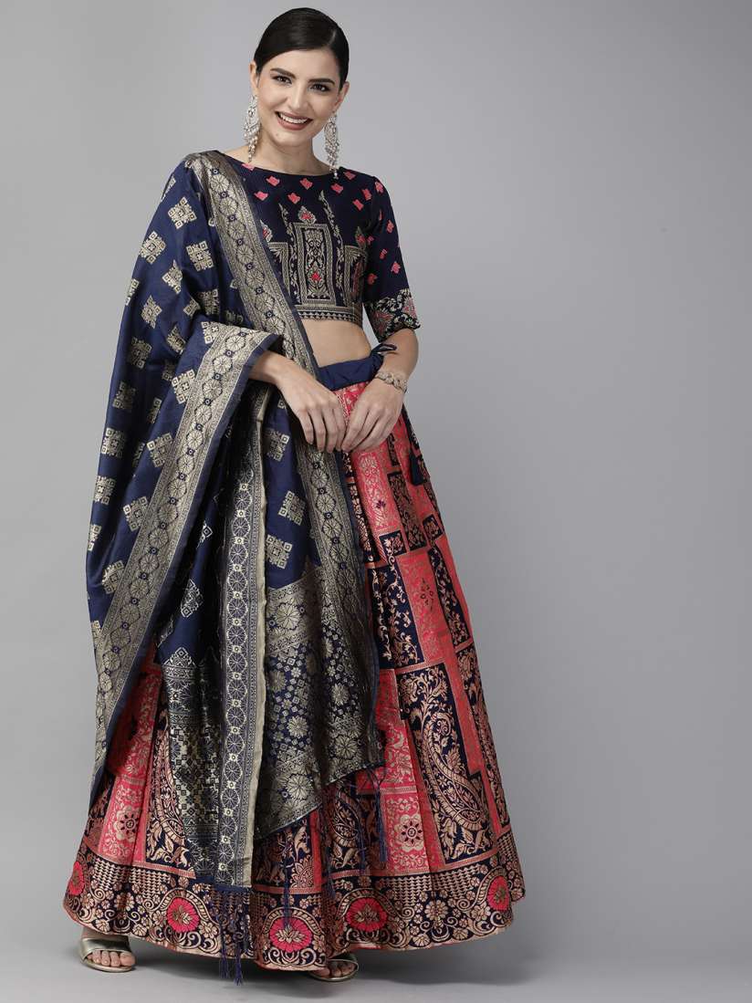 Buy DIVASTRI Pink Navy Blue Woven Design Semi Stitched Lehenga Unstitched Blouse with Dupatta Lehenga Choli for Women 12824932 Myntra