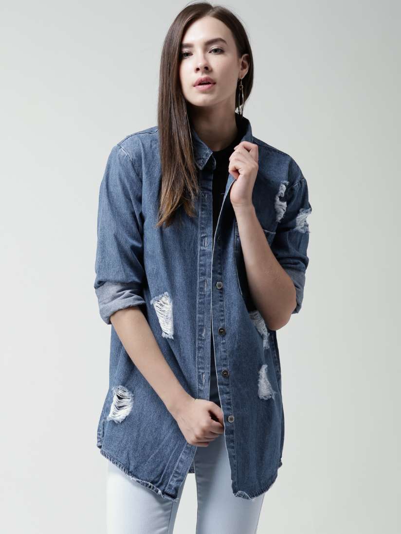 Buy FOREVER 21 Blue Distressed Denim Shirt Shirts for Women 1283202 Myntra