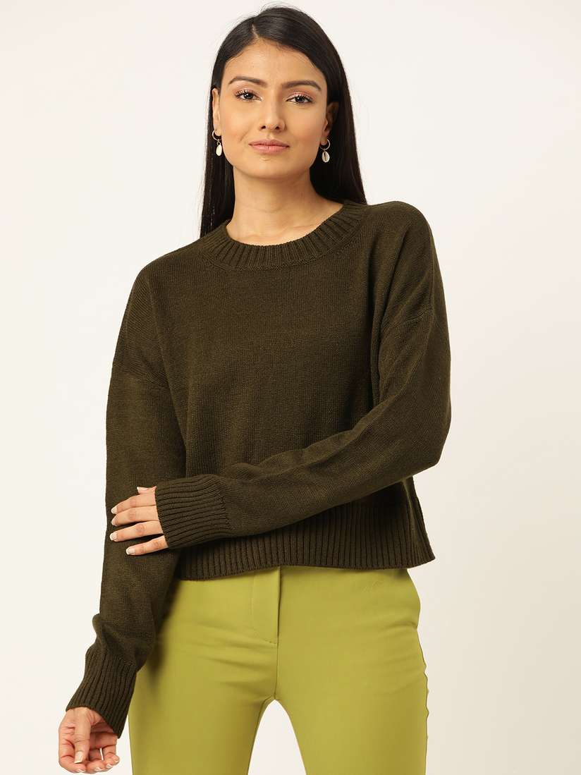 Green Sweater Myntra Pullover Sweater 20Dresses Women Olive