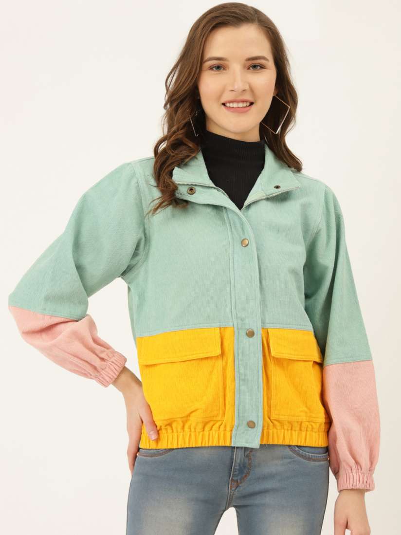 Buy The Dry State Women Sea Green Yellow Colourblocked Corduroy Bomber Jacket Jackets for Women 12853064 Myntra