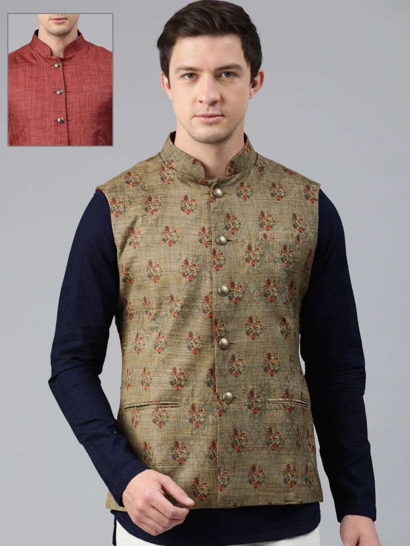 Buy Ethnix by Raymond Men Khaki Printed Reversible Nehru Jacket Nehru Jackets for Men 12857472 Myntra