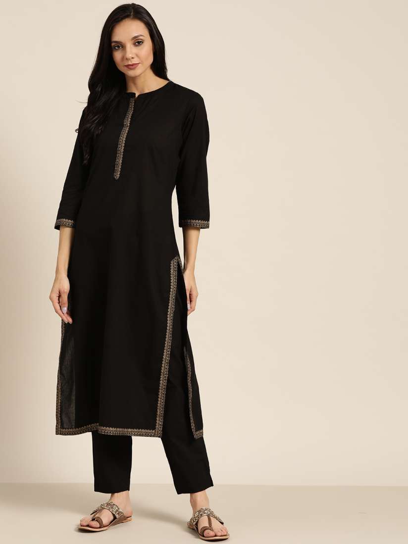 Buy Sangria Women Black Golden Printed Detail Straight Kurta with Trousers Kurta Sets for Women 12866312 Myntra