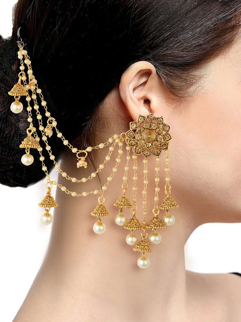 Buy Sukkhi Gold Plated White Bahubali Pearl Classic Jhumkas With Ear Chain Earrings for Women 12886018 Myntra