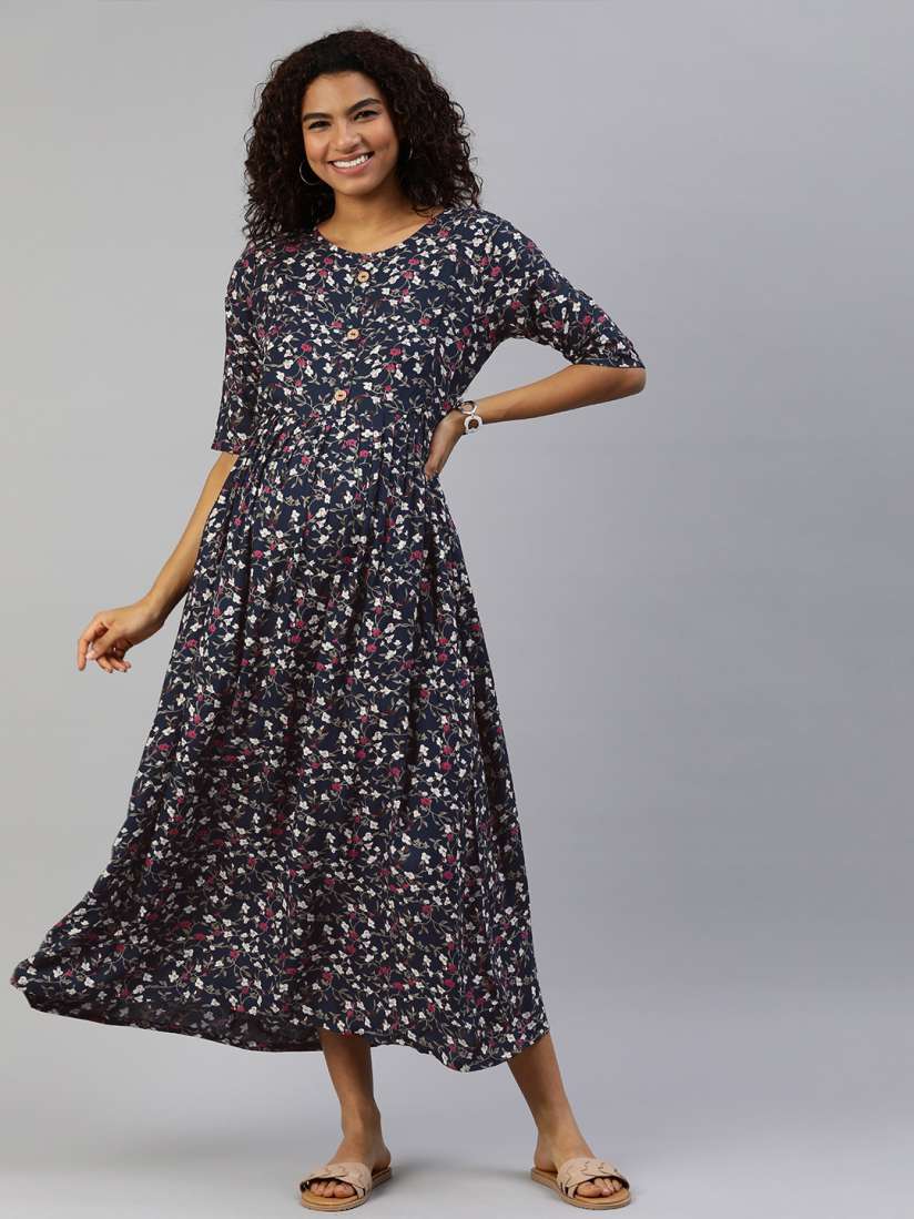 Buy MomToBe Navy Blue Floral Printed Maternity Maxi Nursing Dress Dresses for Women 12887204 Myntra