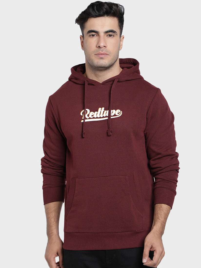 Buy Red Tape Men Maroon Off-White Printed Hooded Sweatshirt