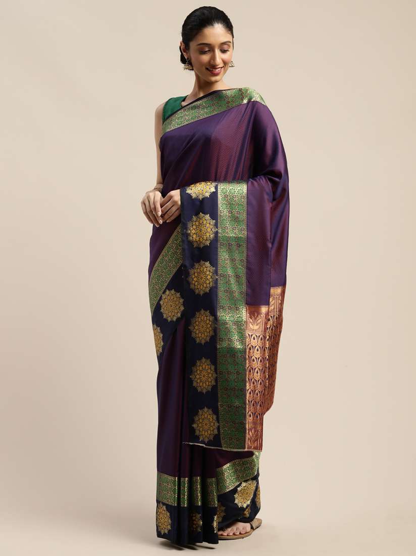 Buy Mitera Purple Green Silk Blend Woven Design Mysore Silk Saree Sarees for Women 12989936 Myntra