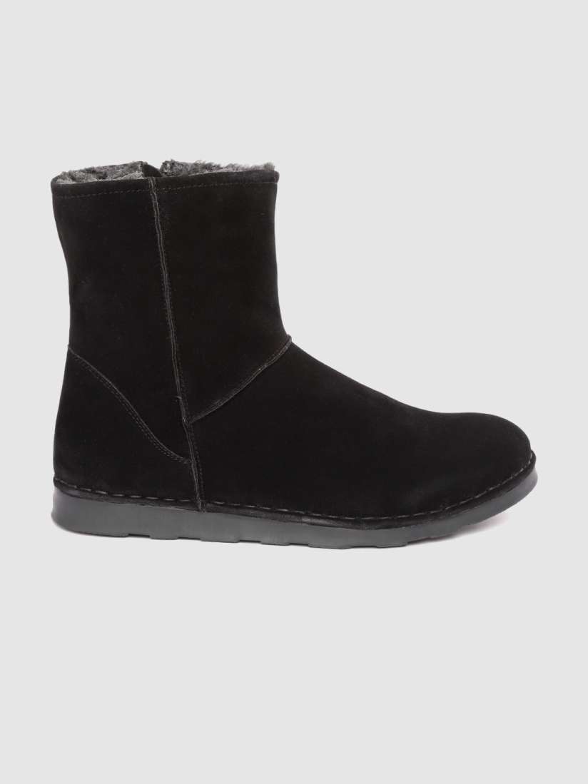 Buy DressBerry Women Black Solid Suede Finish Mid Top Flat Boots with Faux Fur Lining Boots for Women 12993122 Myntra
