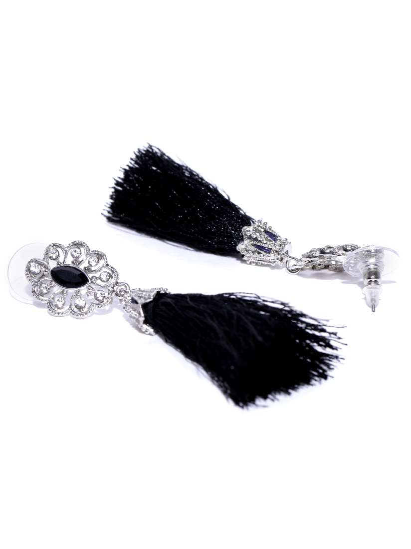 Silver and black tassel earrings clearance
