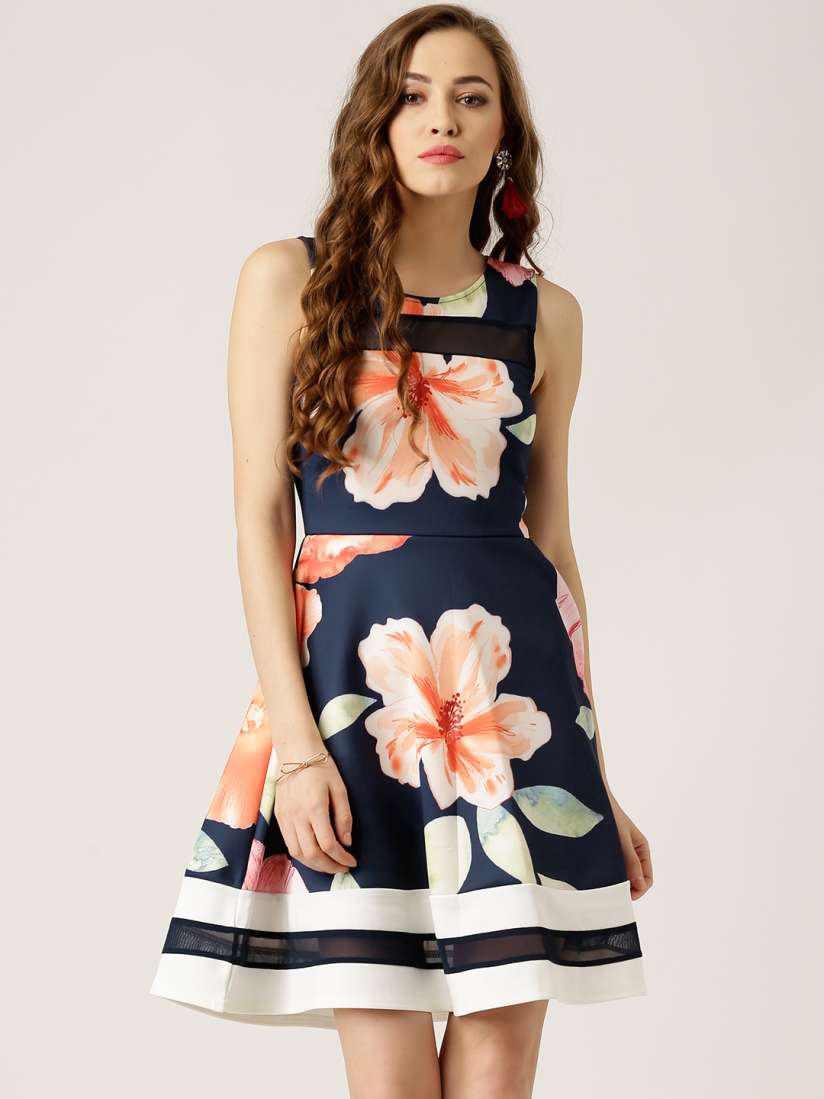 Buy QUIZ Navy Floral Print Fit Flare Dress Dresses for Women 1300764 Myntra