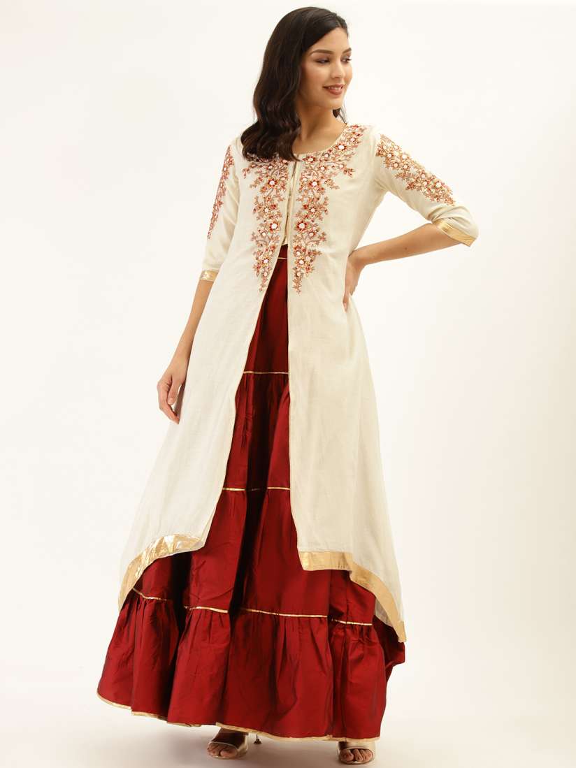 Buy Laabha Women Maroon Off White Solid Maxi Dress Ethnic Jacket Dresses for Women 13017264 Myntra