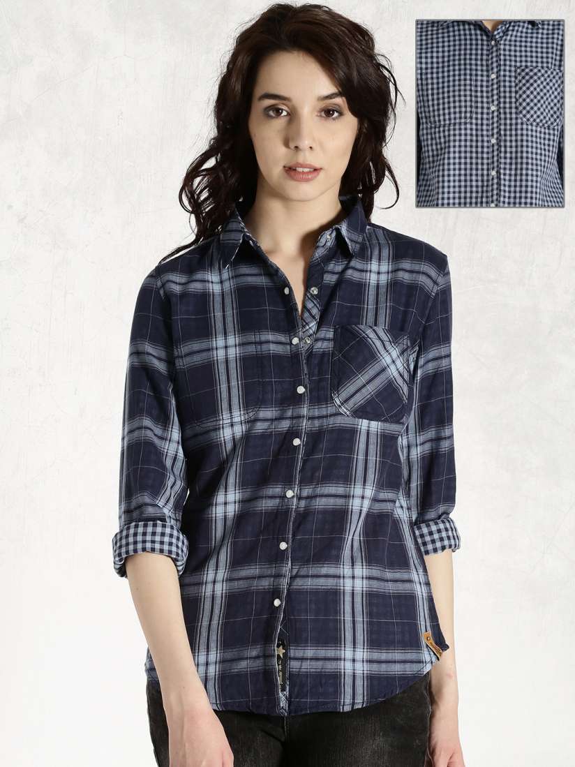 Roadster women's checkered casual reversible shirt discount
