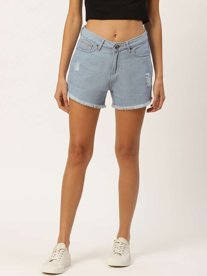 Buy Xpose Women Blue Solid Loose Fit Mild Distressed Denim Shorts