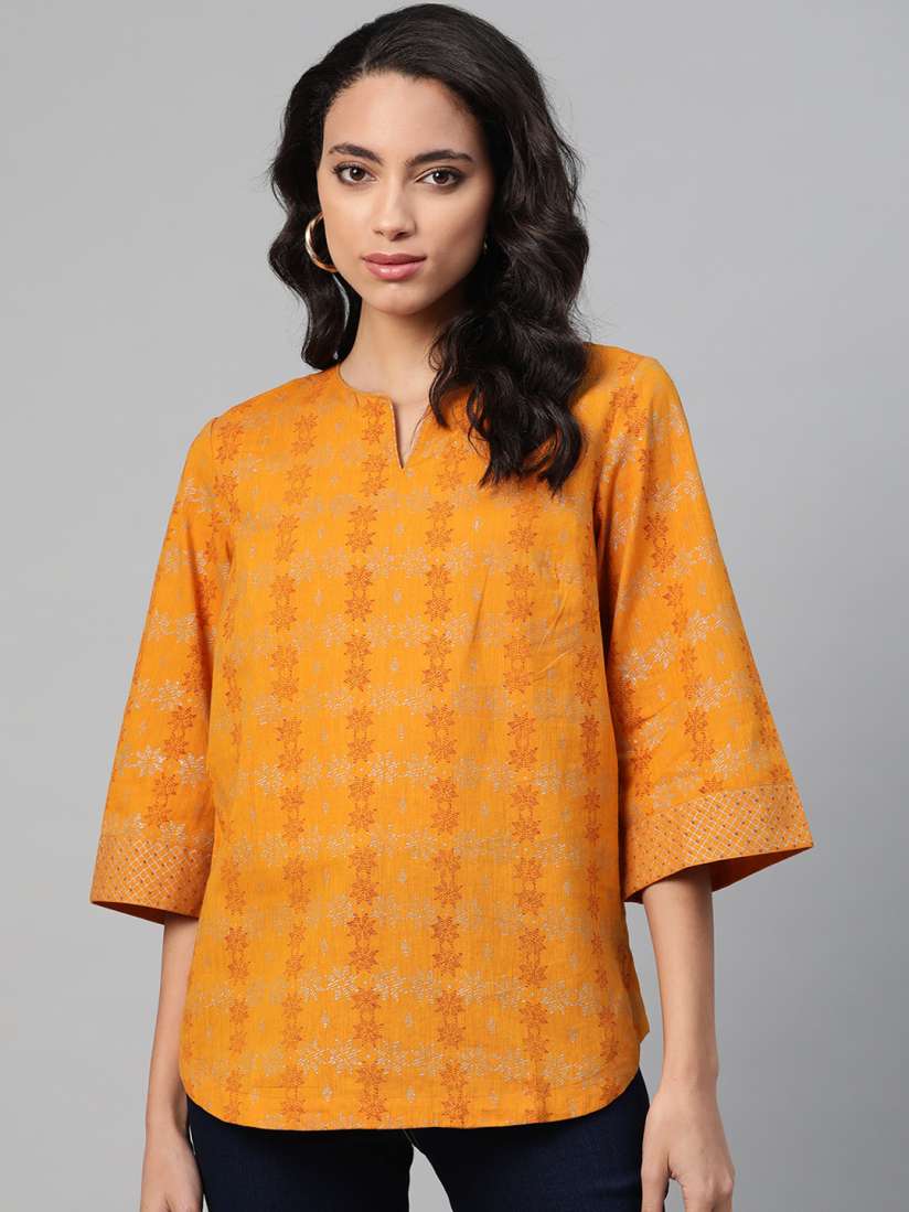 Buy Fabindia Women Mustard Yellow Red Printed Pure Cotton Straight Kurti Kurtis for Women 13033118 Myntra