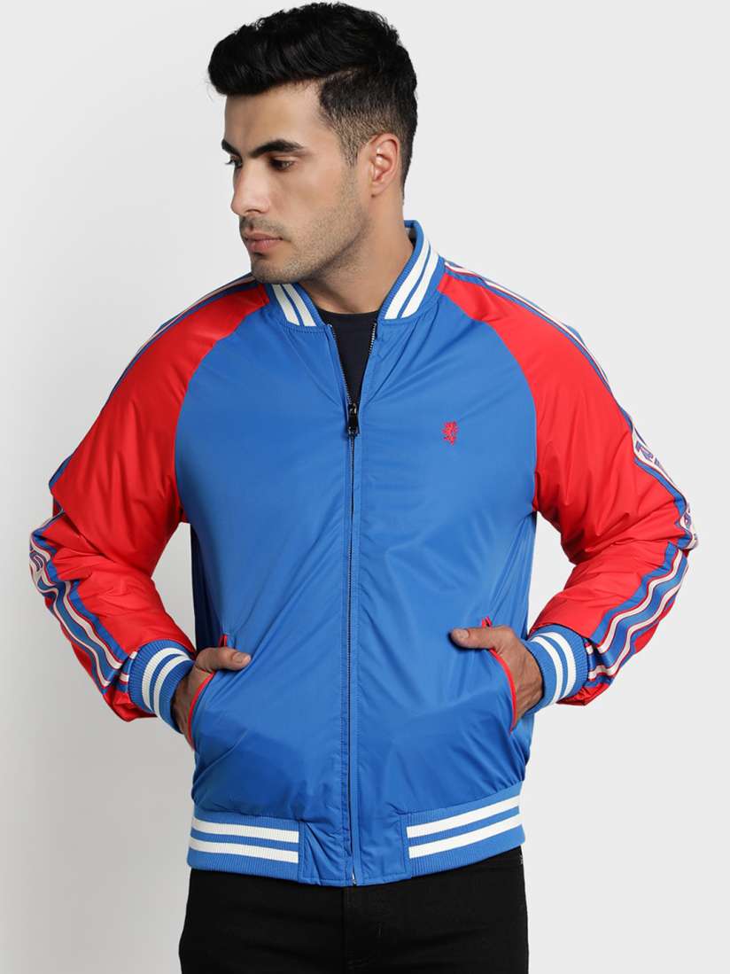 Blue and red varsity jacket deals