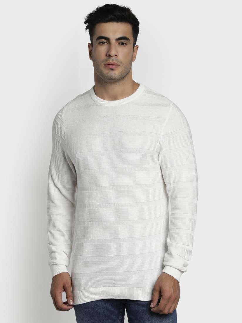 White sweater with red striped sleeves 2025
