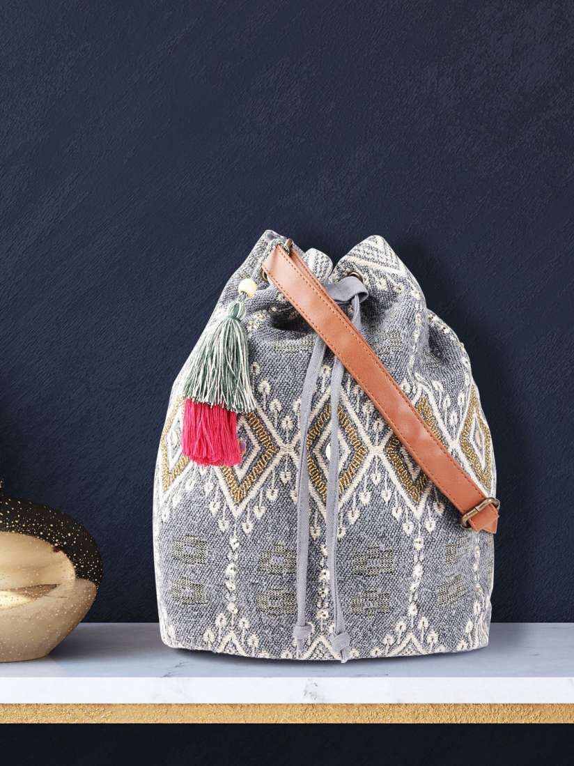 Buy Anouk Women Grey Off White Woven Design Embellished Bucket Sling Bag Handbags for Women 13064090 Myntra