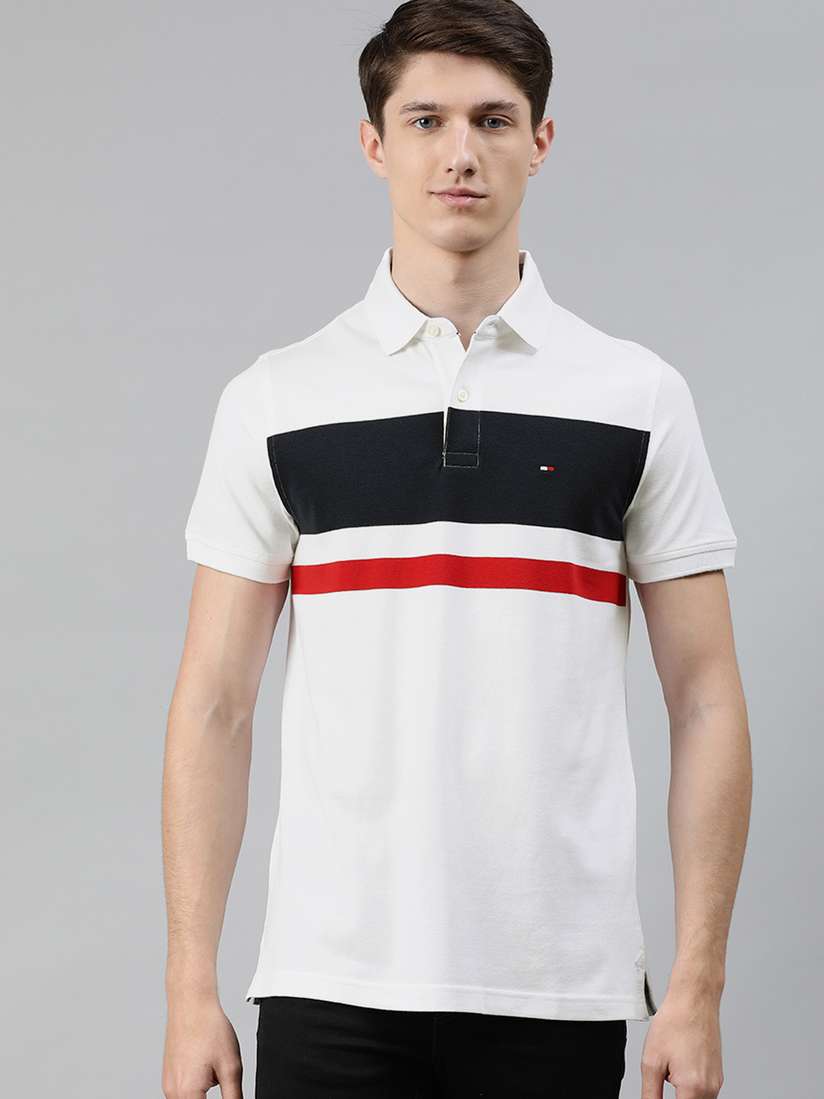 Buy Tommy Hilfiger Men White Striped Polo Collar Pure Cotton T