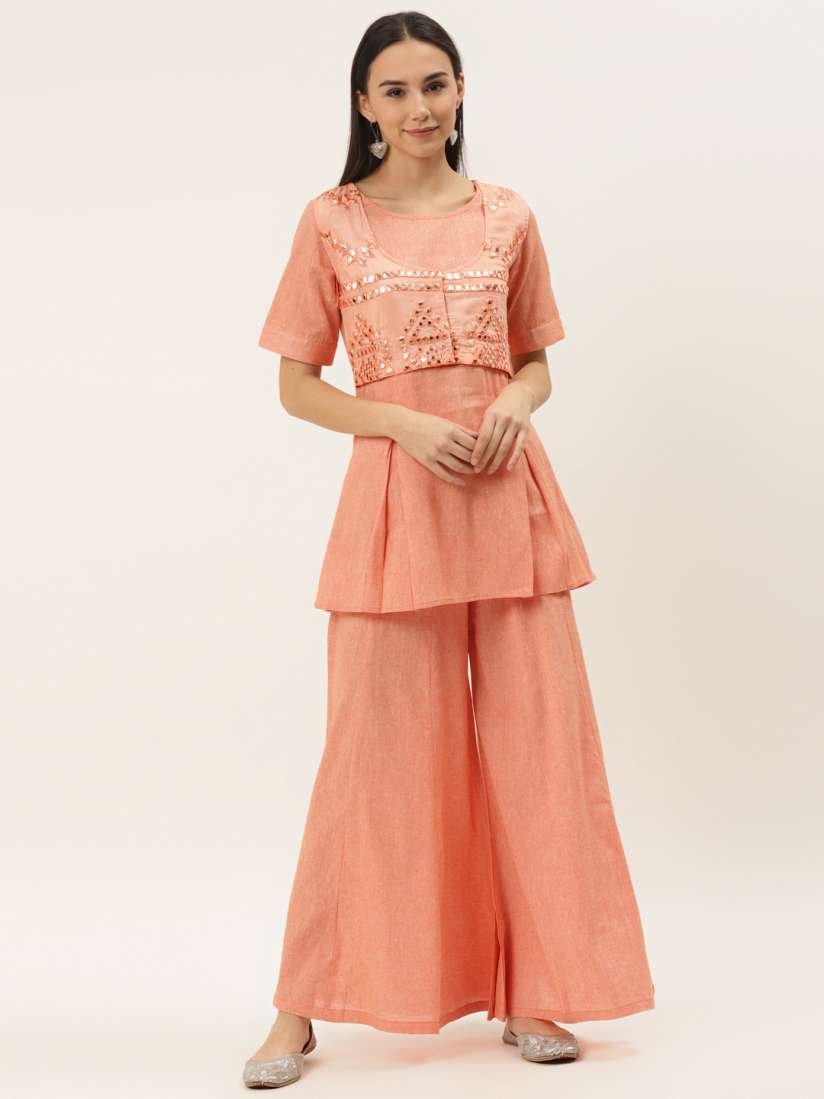 Buy Cottinfab Women Peach Coloured Layered Mirror Work Embellished Kurti with Palazzos Kurta Sets for Women 13084474 Myntra
