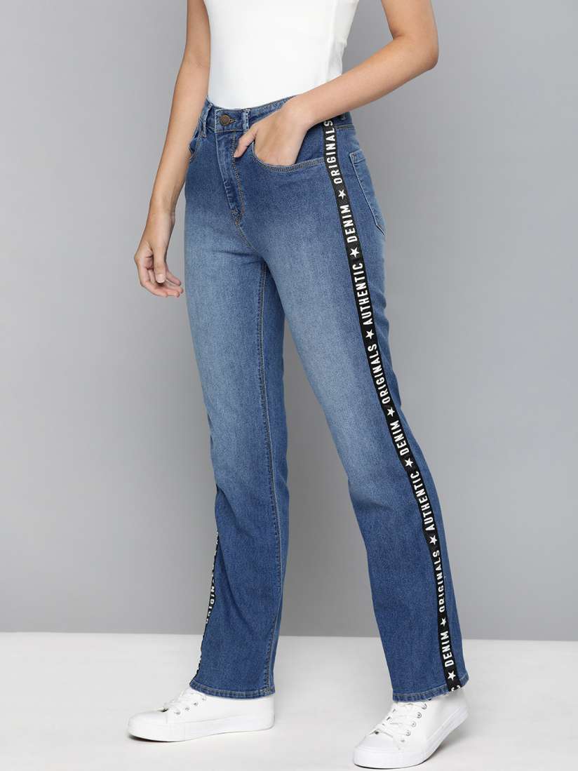 Buy HERE NOW Women Blue Straight Fit Mid Rise Clean Look Stretchable Side Tape Detail Jeans Jeans for Women 13103852 Myntra