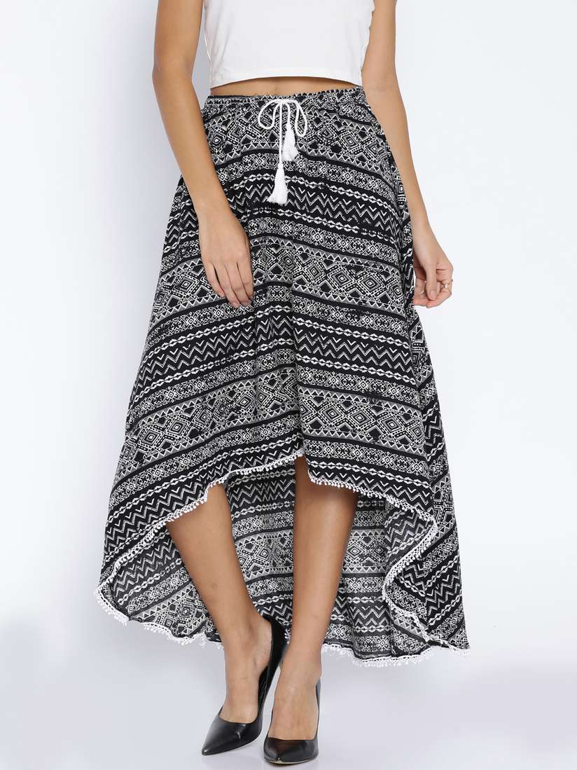 Buy Antigravity Black & White Printed Polyester High-Low Skirt  
