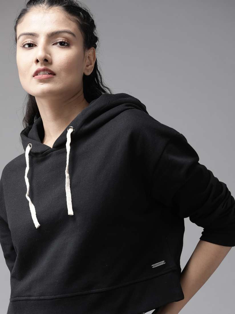 Buy The Roadster Lifestyle Co Women Black Solid Hooded Boxy Cropped Sweatshirt Sweatshirts for Women 13123496 Myntra